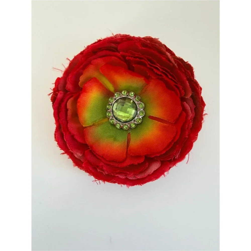 Red Flower Hair Clip Green Rhinestone Center Large Floral Statement Accessory